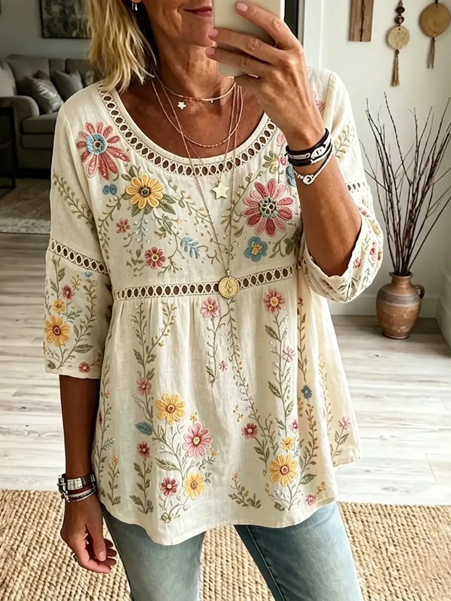 Women's Vintage Floral Art Print Flowy Linen Blend Linen Blend Three-quarter Sleeve Casual Tops