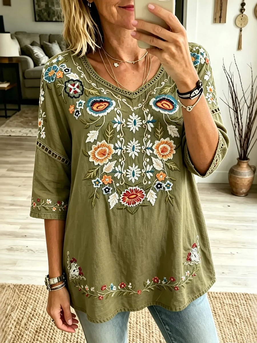 Women's Retro Floral Vacation Cotton Linen Top