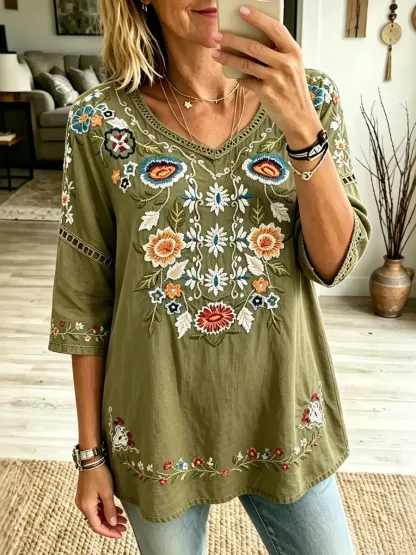 Women's Retro Floral Vacation Cotton Linen Top