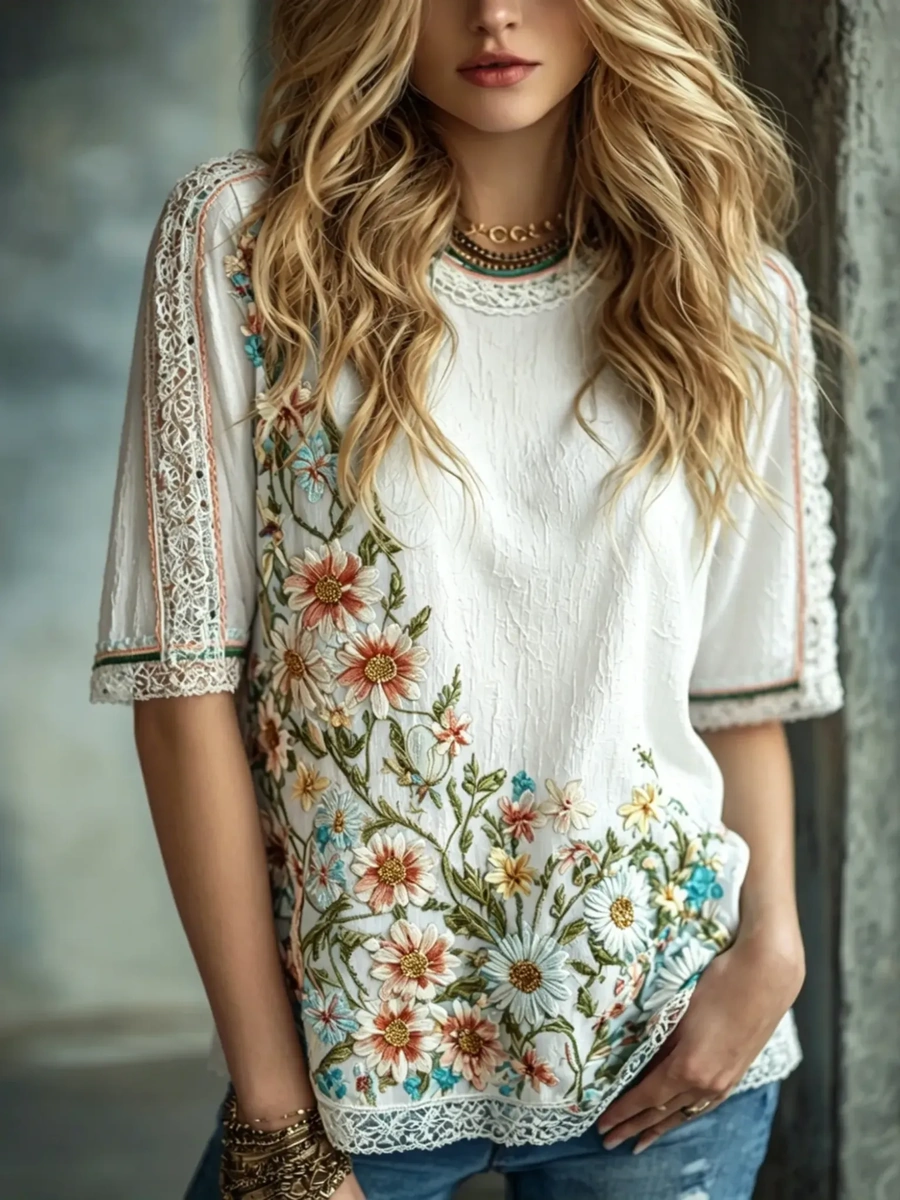 Women's Retro Floral Design Flowy Linen Blend Top