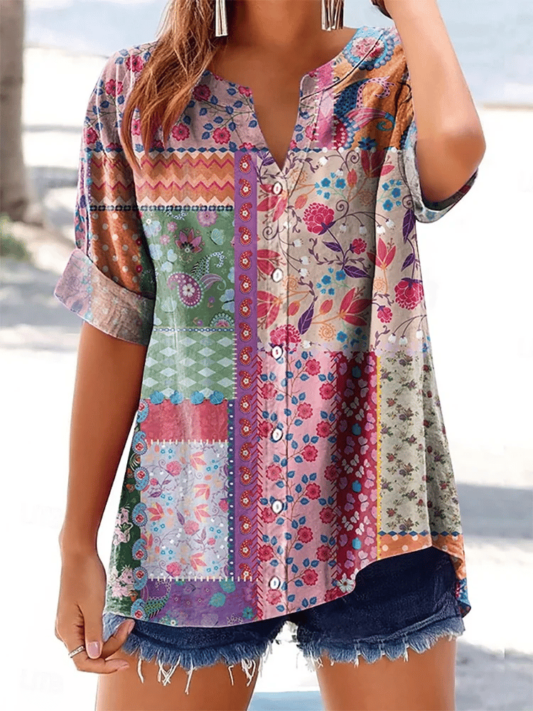 Women's Vintage Floral Patchwork Print Button Design Shirt