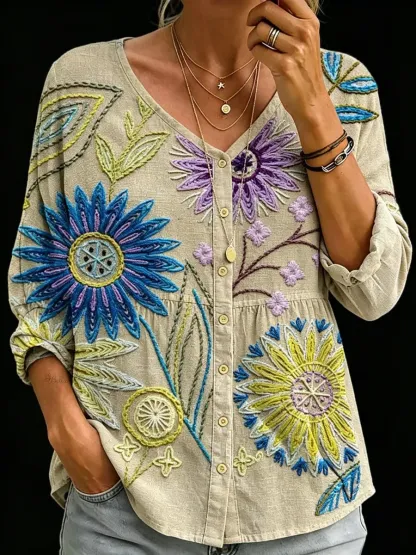 Women's Cotton And Linen Casual Striped Print Top