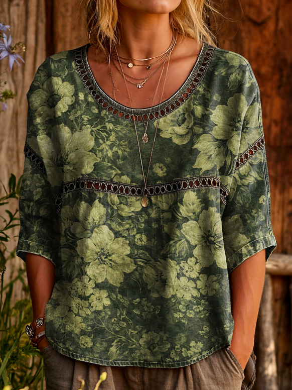Womens Vintage Ethnic Green Floral Art Prints Casual Round Neck Cutout Top