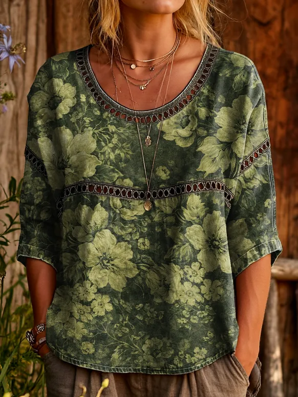 Womens Vintage Ethnic Green Floral Art Prints Casual Round Neck Cutout