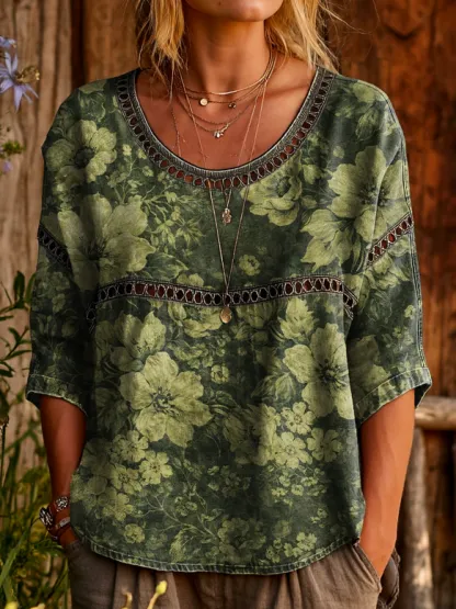 Womens Vintage Ethnic Green Floral Art Prints Casual Round Neck Cutout Top