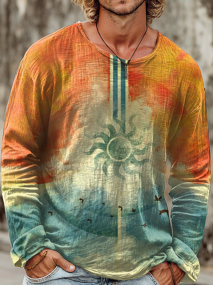Mens Vintage Gradient Sun Art Print Casual Round Neck Pullover Cotton Shirt