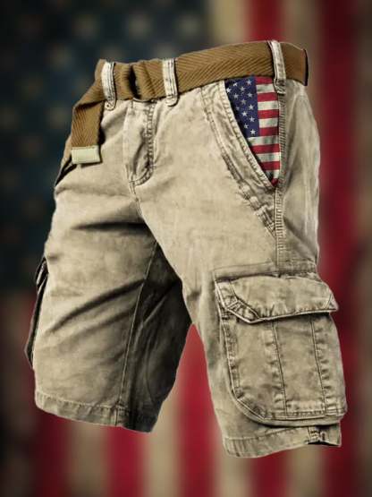 Men's Vintage Flag Independence Day Multi-Pocket Print Cargo Shorts (Belt Not Included)