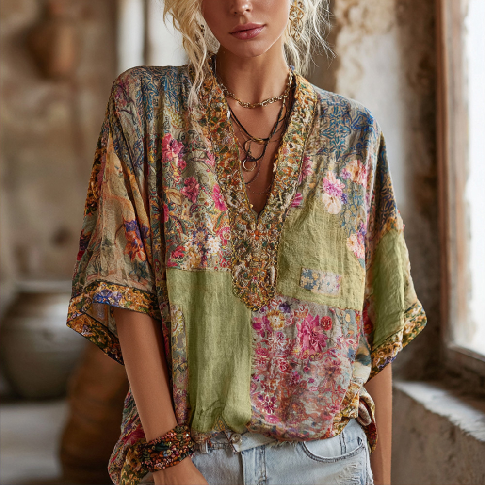 Three-dimensional Embroidery Rare Item Flower Vintage Tie-dye V-neck Short-sleeved Shirt