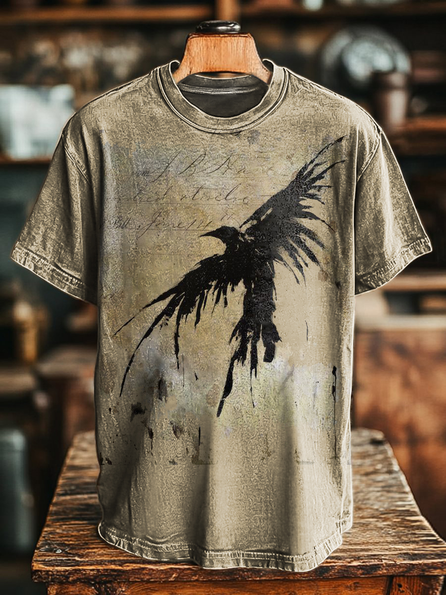 Unisex Art Painting Crow Spreading Wings Printed Crew Neck T-shirt