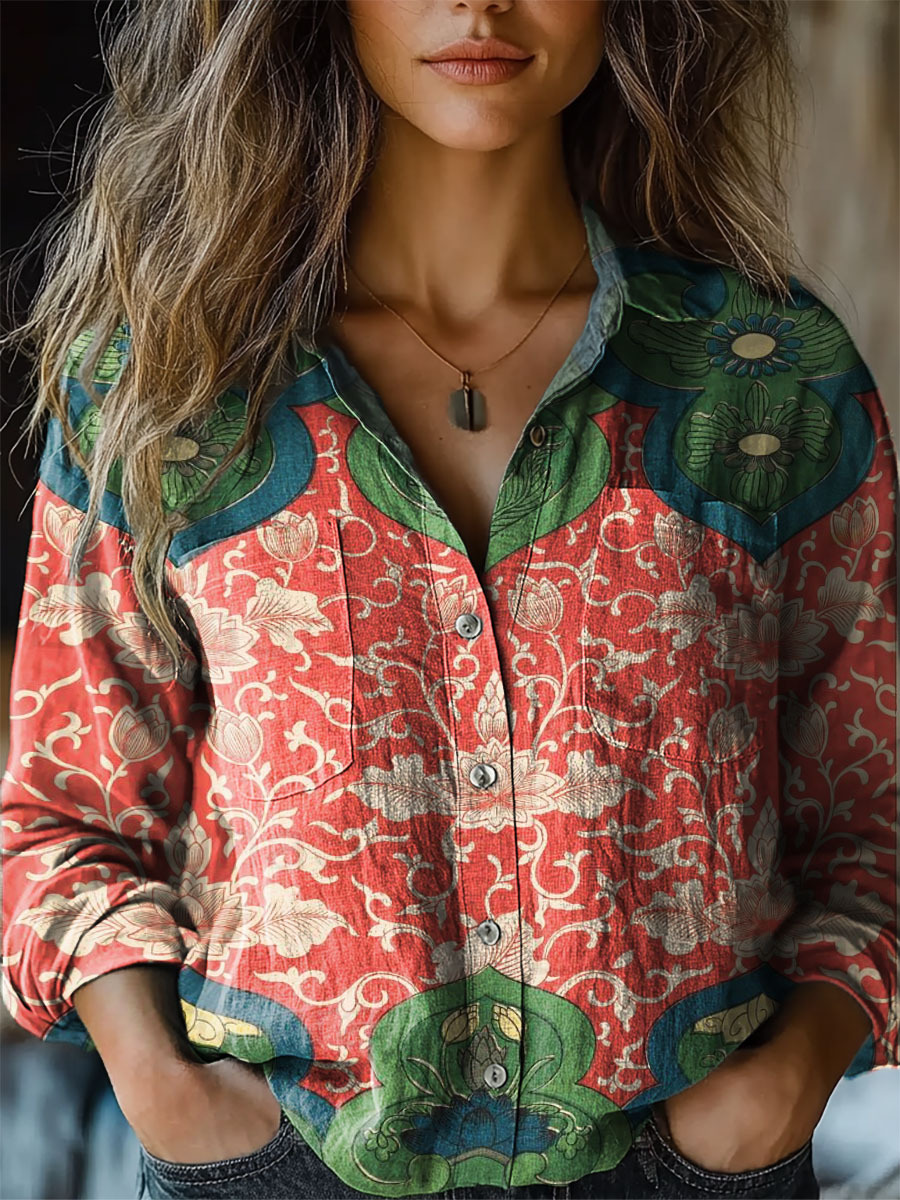 Women's Vintage Lovely Floral Pattern Art Print Casual Long Sleeve Com