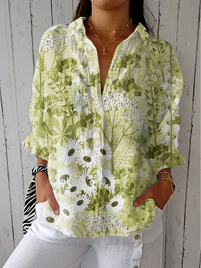 Women's Vintage Botanical Floral Art Print Lapel Shirt