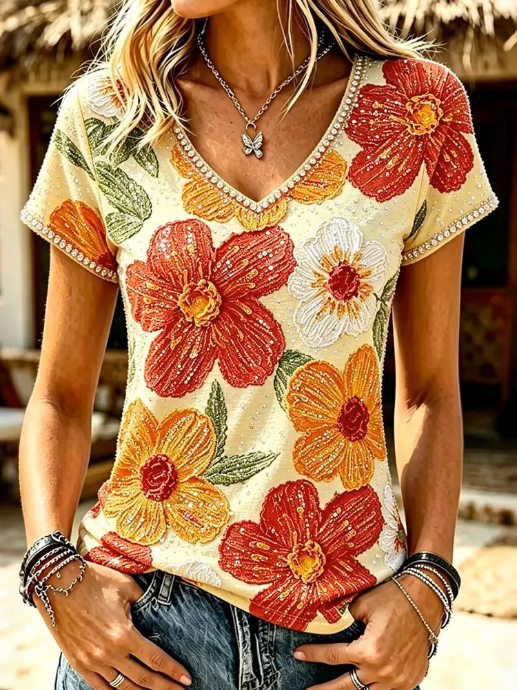 Women's Beaded Floral Print Cotton V-Neck Short Sleeve Top