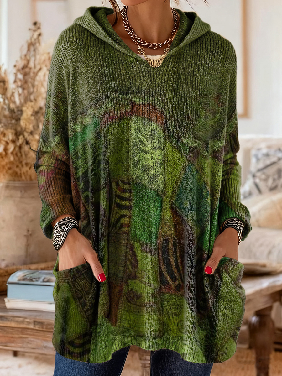 Women's Bohemian Retro Art Print Casual Long-sleeved Hooded Cotton Kni