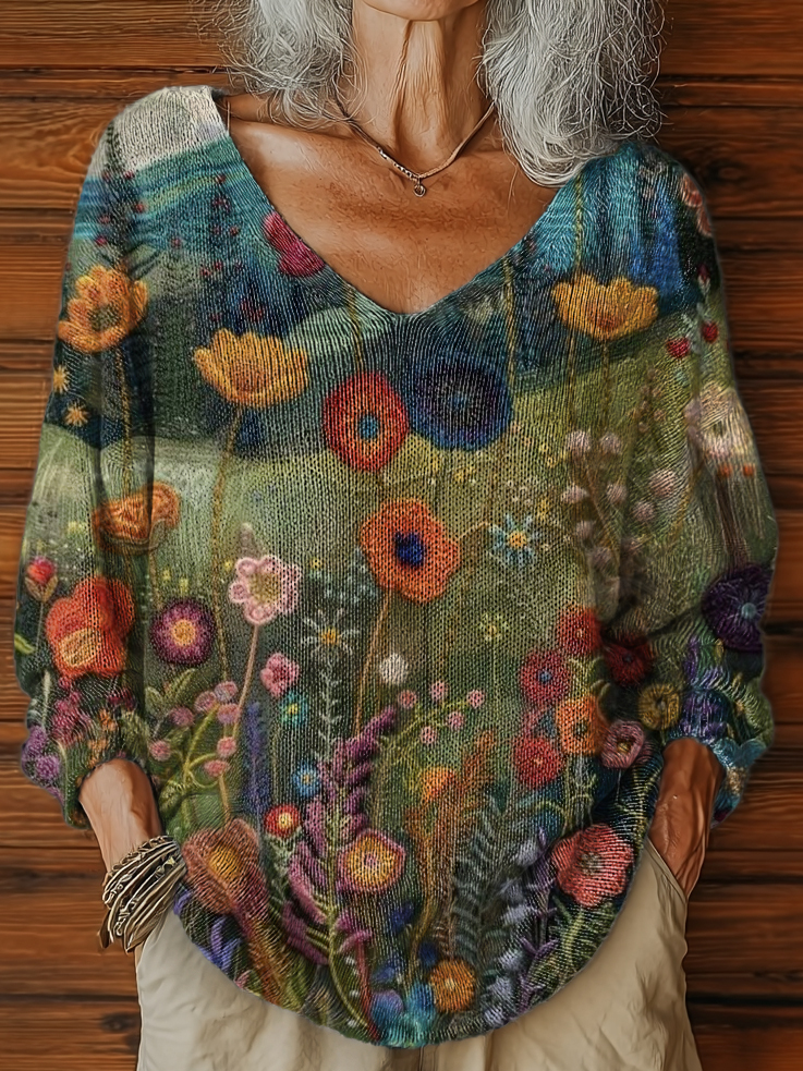 Women's Vintage Floral Art Pattern Print Casual V Neck Pullover Sweate