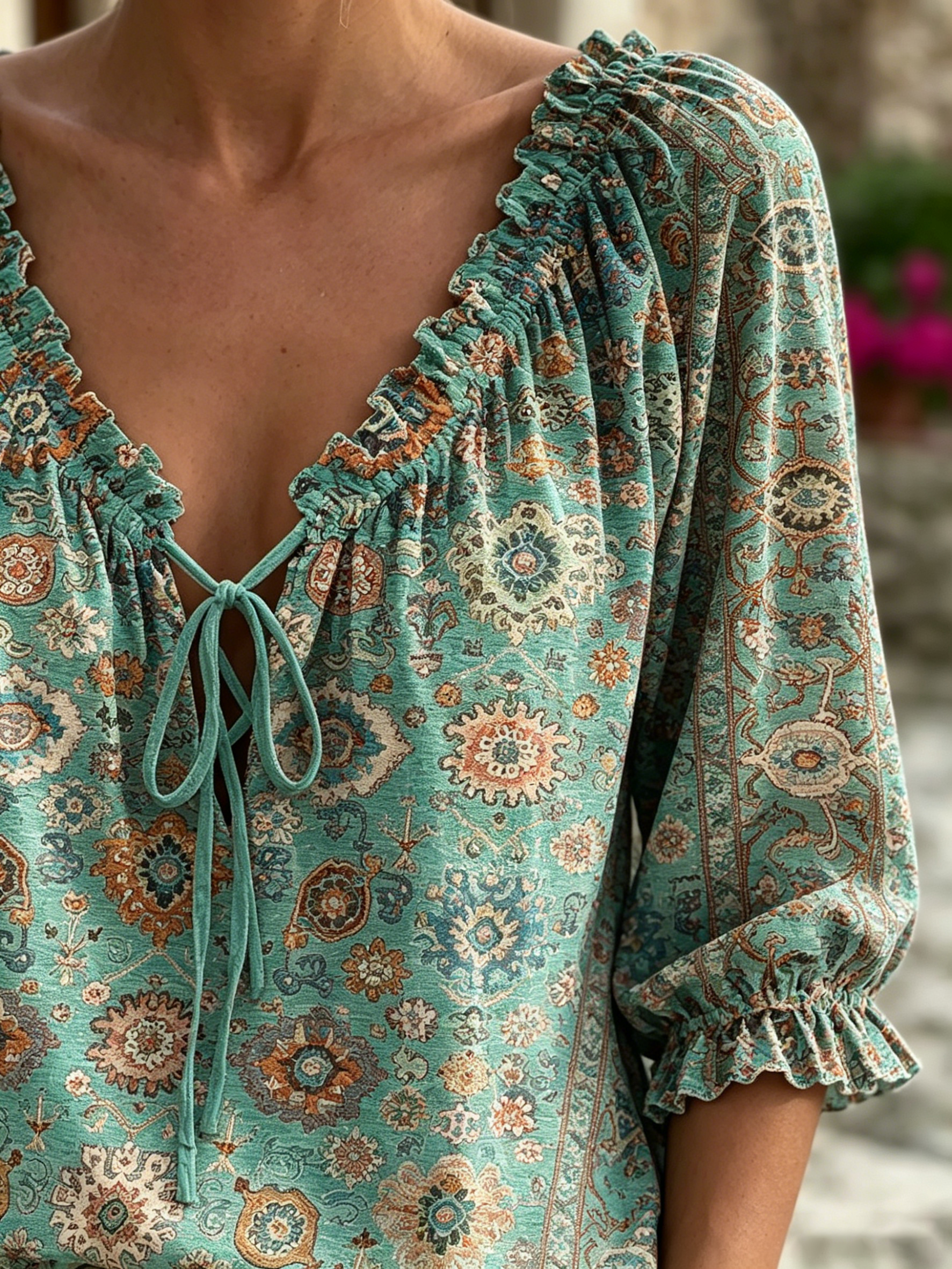 Women's Retro Ethnic Totem Art Print Casual Long-sleeved V-neck Ruffled Cotton Shirt