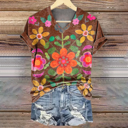 Women's Bohemian Floral Art Print V-neck Casual T-Shirt