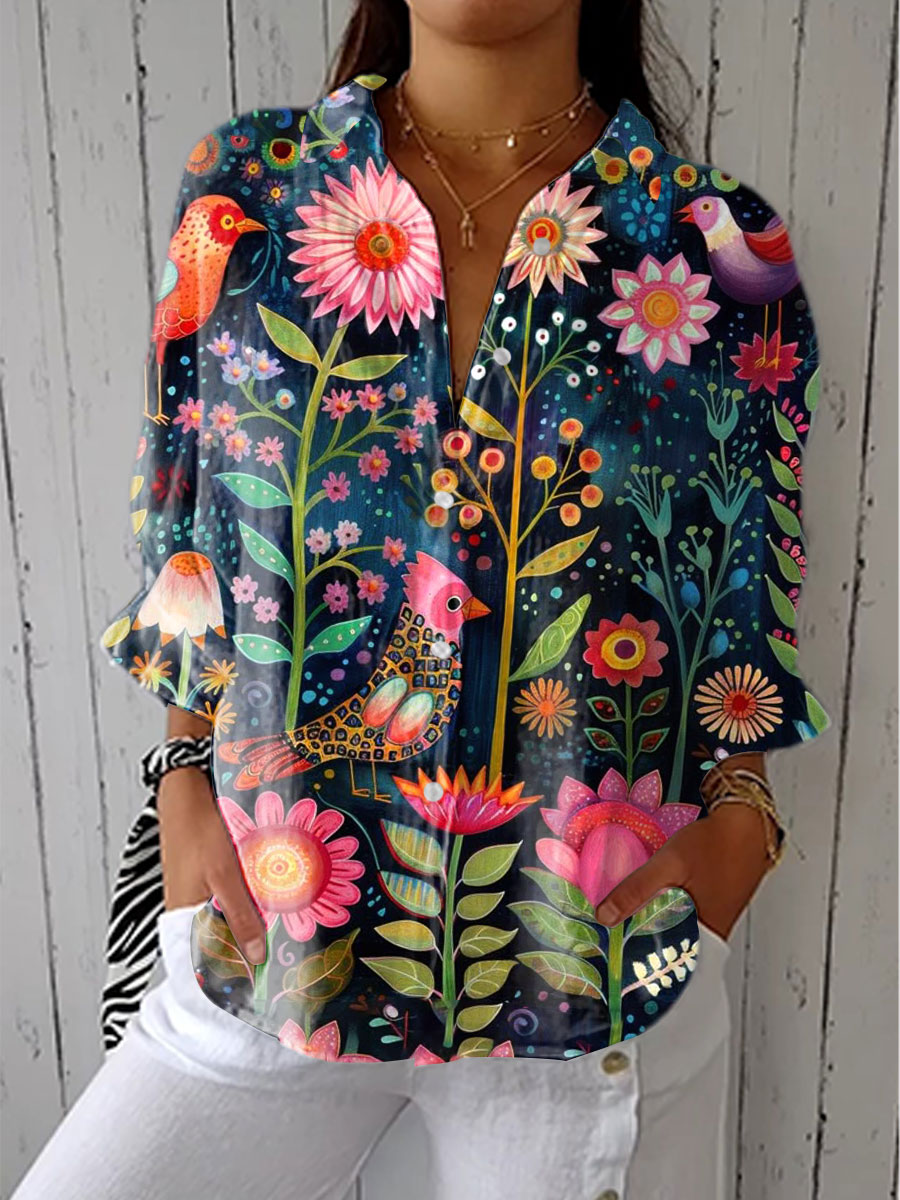 Women's  Vintage  Flower Art Print Casual Linen V-neck Shirt