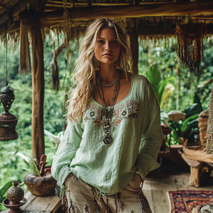 Retro Bohemian Resort Art Embroidery Print Cotton And Linen Blend Loose Blouse