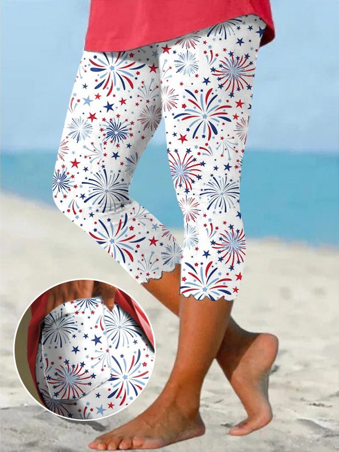 Women's Retro Independence Day Fireworks Art Print Casual Pocket Leggings