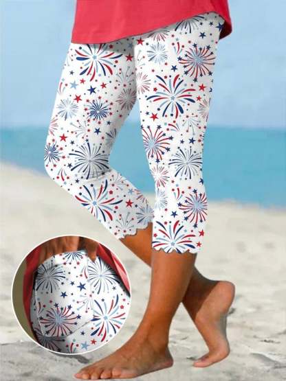 Women's Retro Independence Day Fireworks Art Print Casual Pocket Leggings
