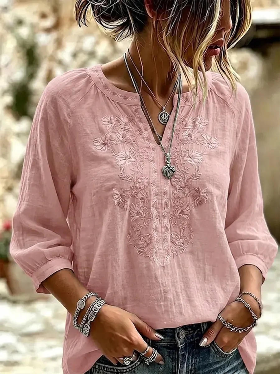 Women's Retro Flowers Embroidered V-neck Cotton And Linen Shirt