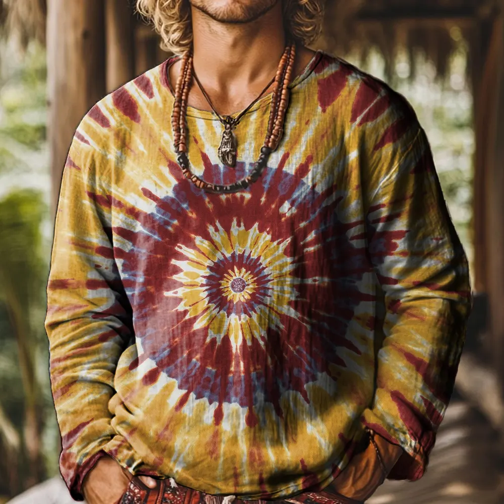 Ethnicity Geometry Tie Dye Vintage Print Casual Cotton Shirt