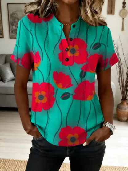 Women's Vintage Floral Art Print Short-Sleeve Polo Top