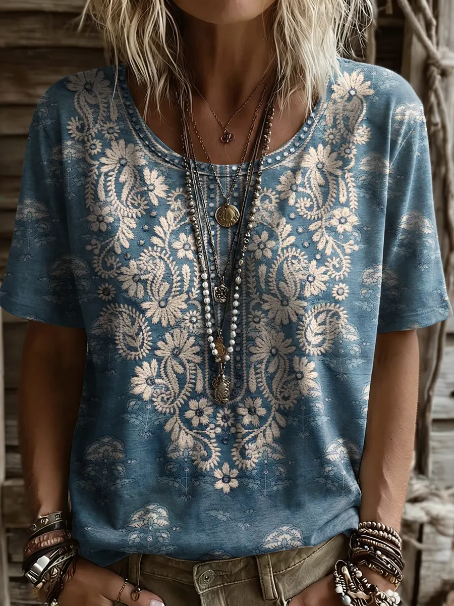 Women's Retro Ethnic Floral Print Round-neck Short-sleeve T-shirt