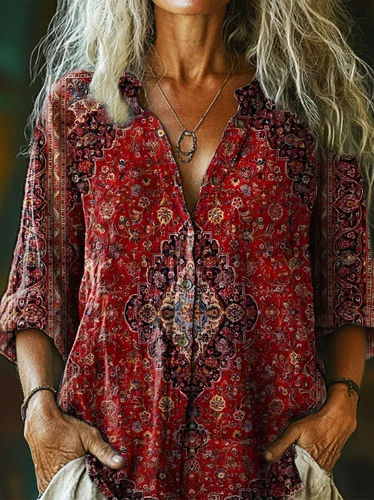 Vintage Ethic Print V-neck Casual T-Shirt