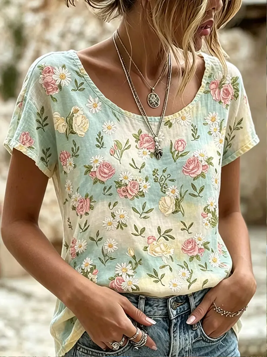 Women's Vintage Floral Ombre Print Casual T-Shirt