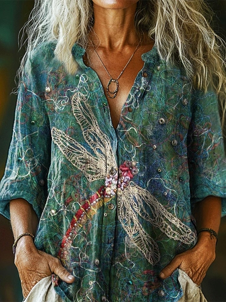 Women's Vintage Dragonfly Art Print Casual Cotton Linen Shirt
