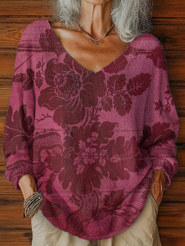 Women's Vintage Floral Pattern Artistic Print Casual V-Neck Knitted Sweater