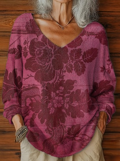 Women's Vintage Floral Pattern Artistic Print Casual V-Neck Knitted Sweater