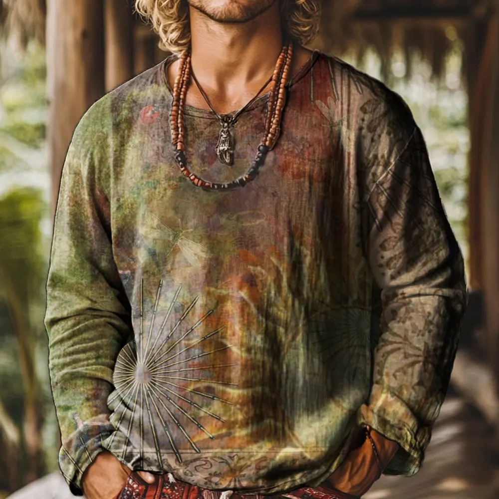 Ethnicity Sun Abstract Weathered Look Vintage Print Casual Cotton Shirt