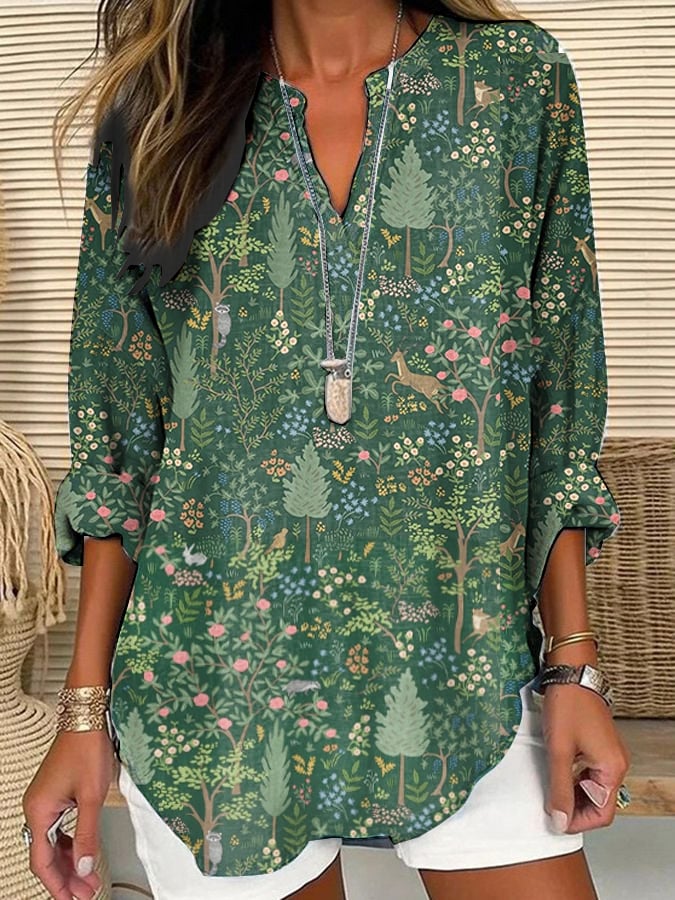 Women's Casual Forest Animal Plant Flower Cotton And Linen Shirt
