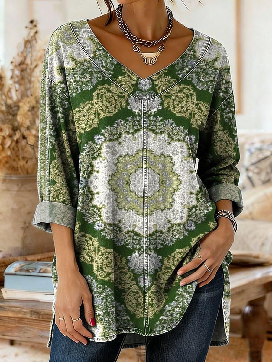 Womens Ethnic Green Totem Floral Art Print Casual V-neck Long Sleeve Washed Denim Shirt