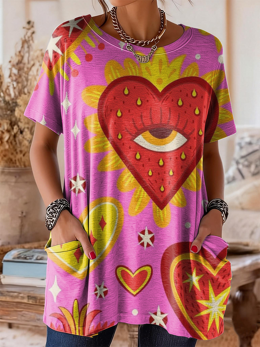 Women's Colorful Heart Art Print Casual Short-Sleeve Crew Neck Pocket Cotton T-Shirt