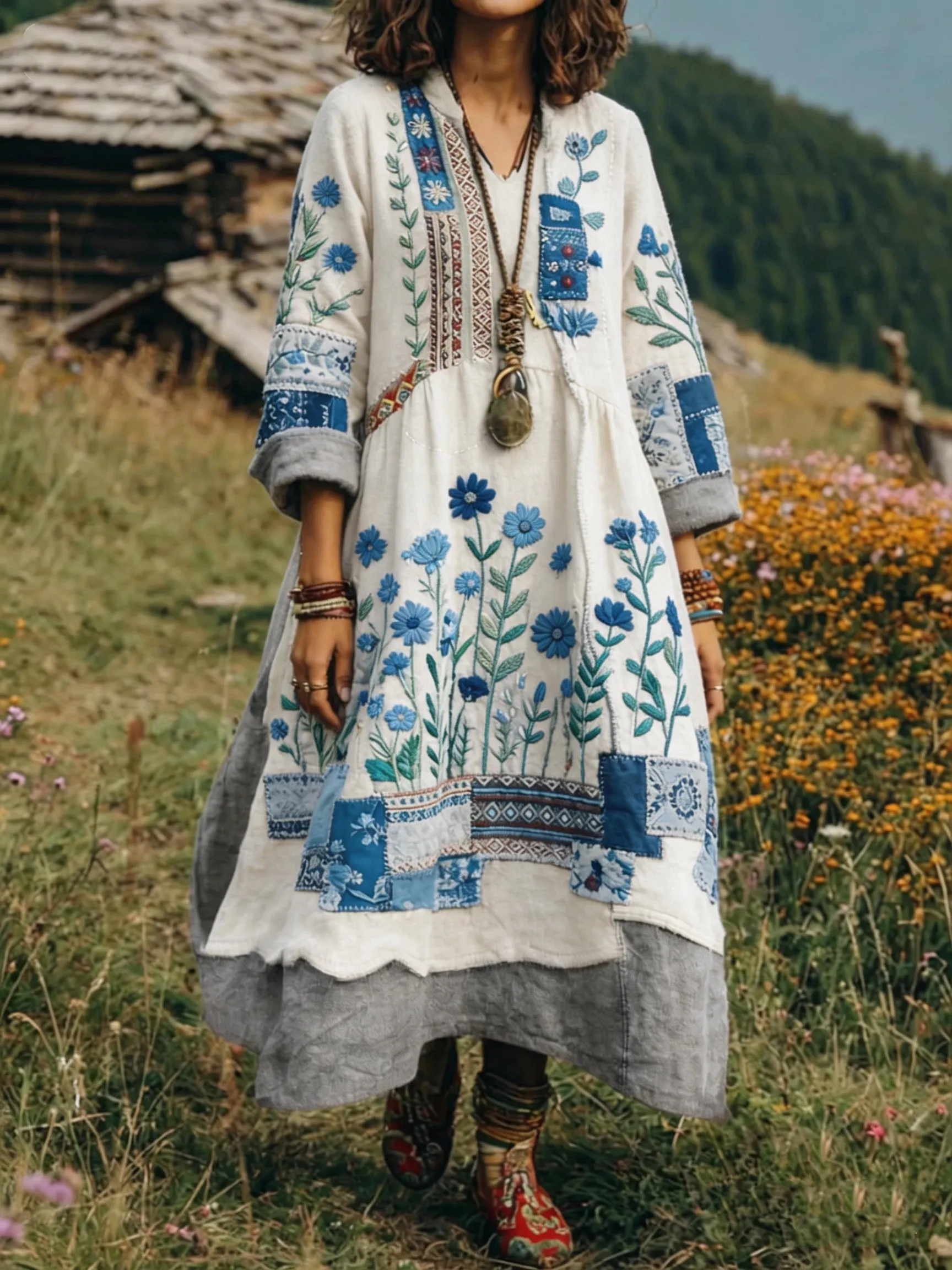 Women's Retro Ethnic Floral Color-Blocked Art Print Casual Long-Sleeve V-Neck Side Pocket Cotton Linen Dress