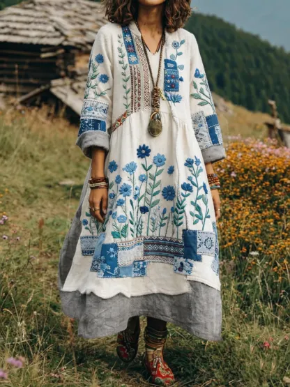 Women's Retro Ethnic Floral Color-Blocked Art Print Casual Long-Sleeve V-Neck Side Pocket Cotton Linen Dress