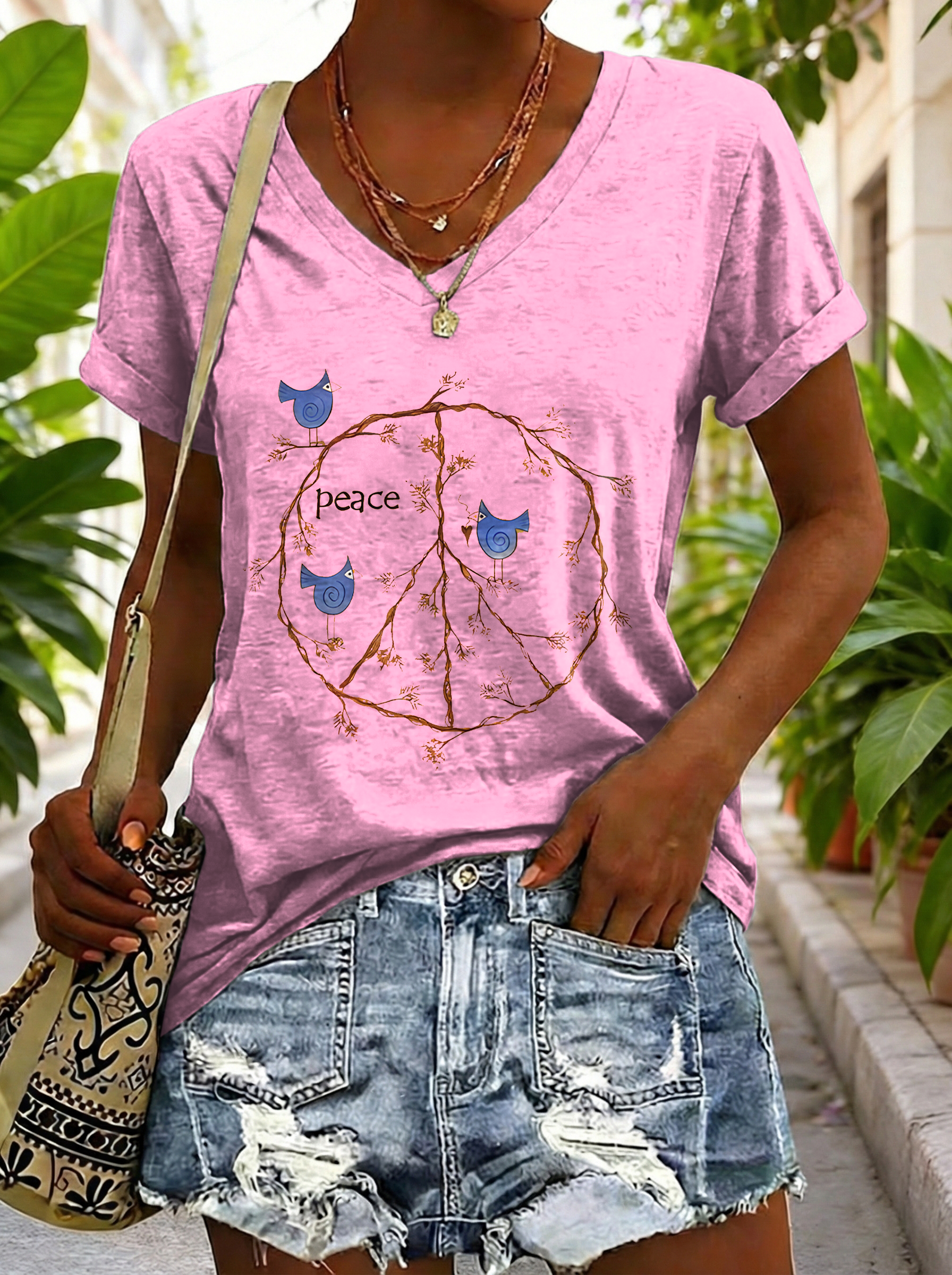 Women's Vintage Yellow Peace Sign Bird Hippie Art Print Casual V-neck Cotton T-shirt