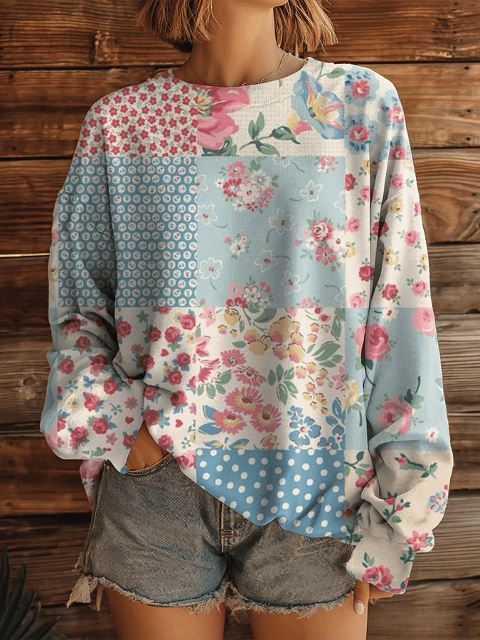 Women's Vintage Floral Patchwork Art Pattern Print Casual Crew Neck Sweatshirt