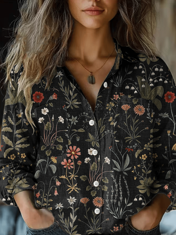 Women's Forest Floral Print Double Pocket Casual Shirt