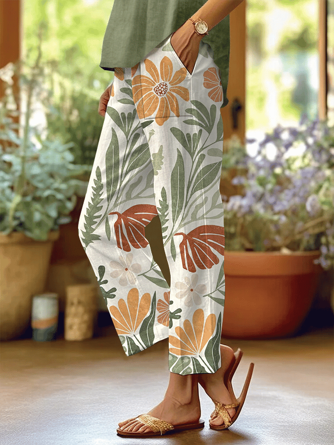 Women's Forest Floral Print Casual Pants (With Pockets)