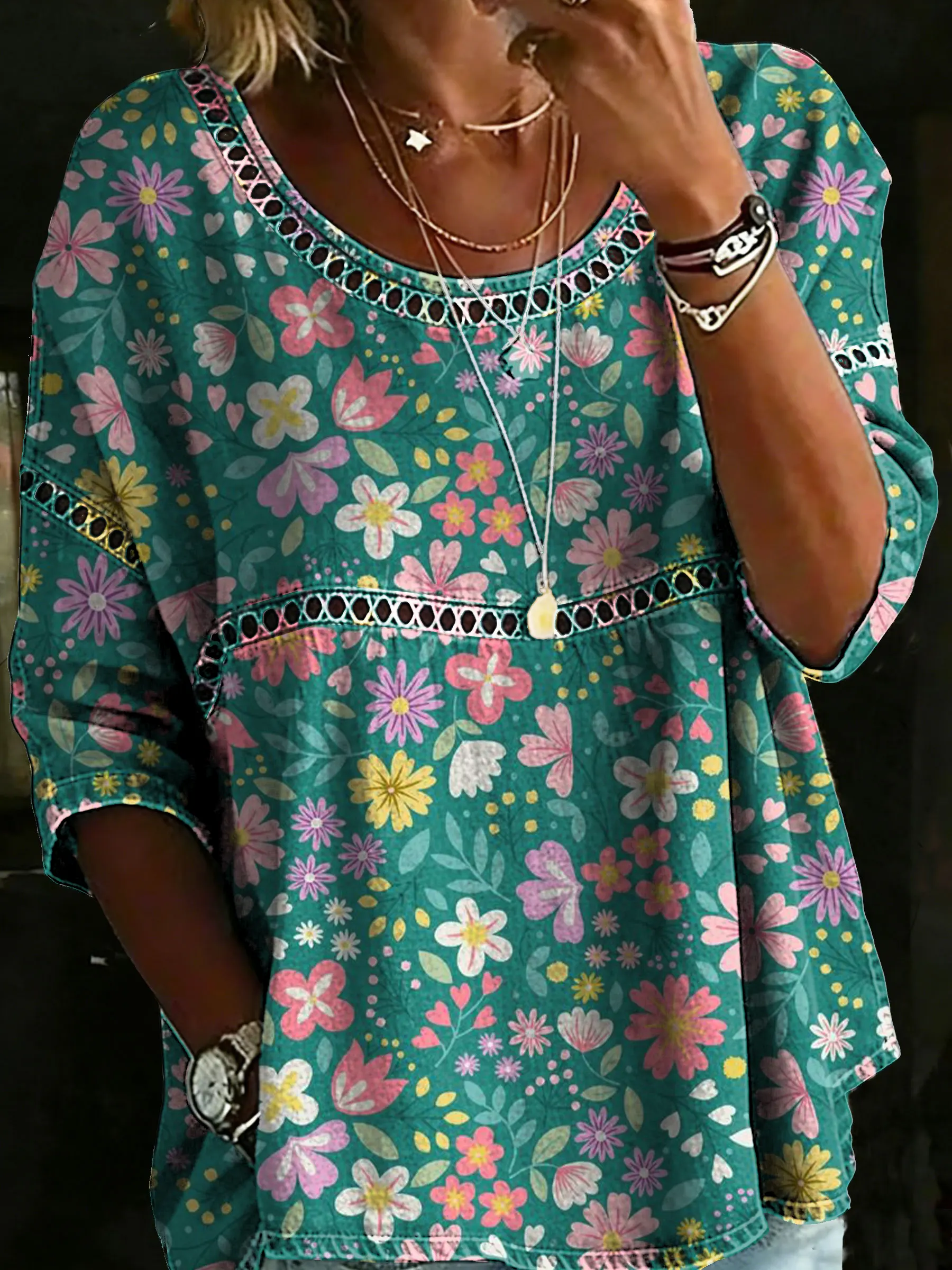 Women's Vintage Multicolor Floral Art Print Casual Hollow Shirt