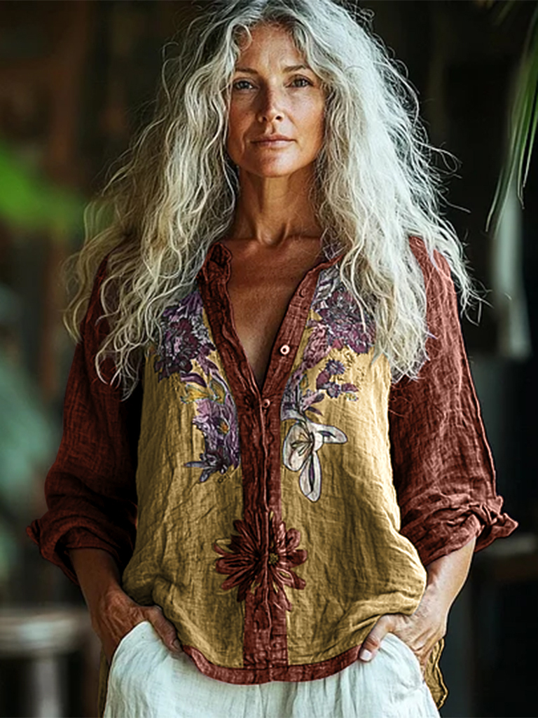 Bohemian Style Linen Floral Art Print  Long Sleeve Shirt