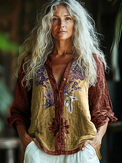 Bohemian Style Linen Floral Art Print  Long Sleeve Shirt