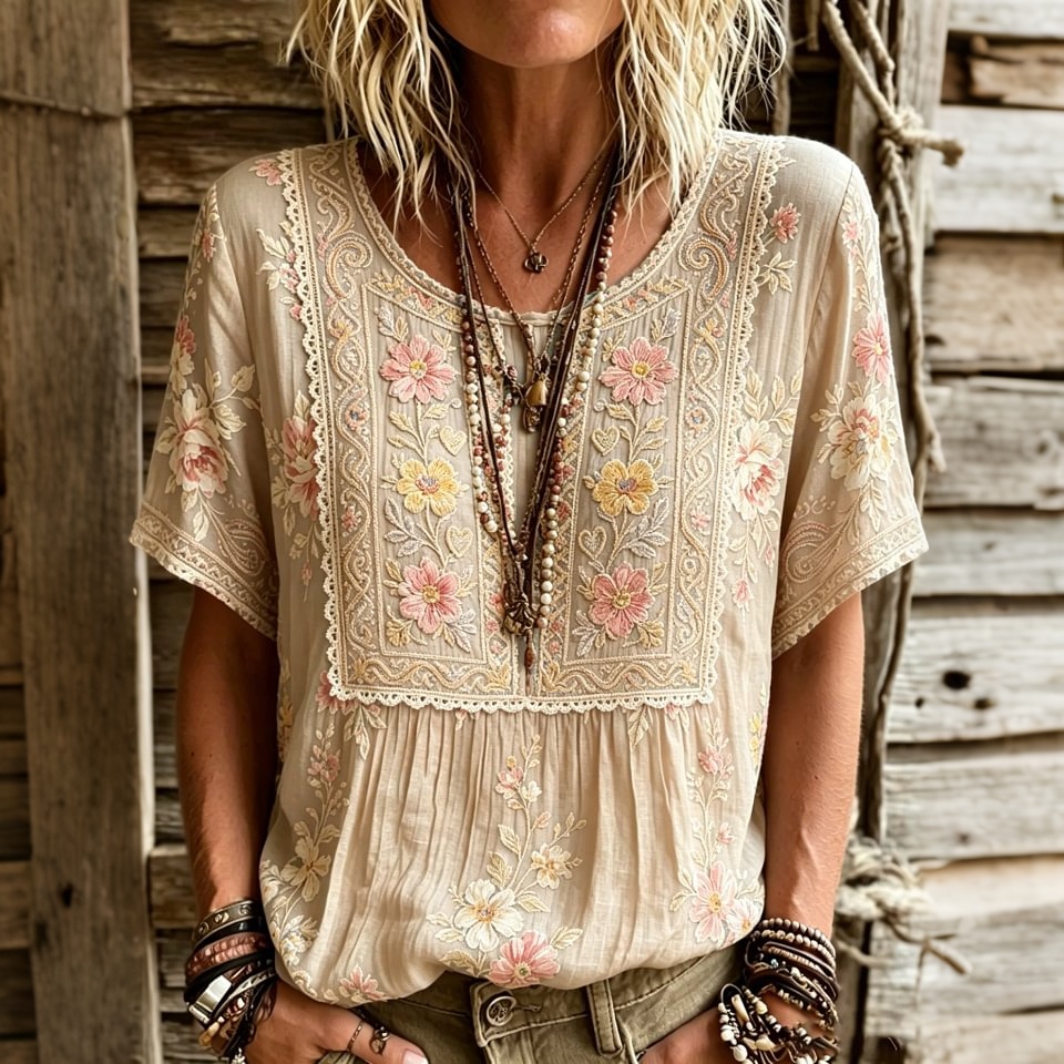 Women's Retro Floral Embroidered Art Round Neck Short Sleeve Linen Blend T-shirt