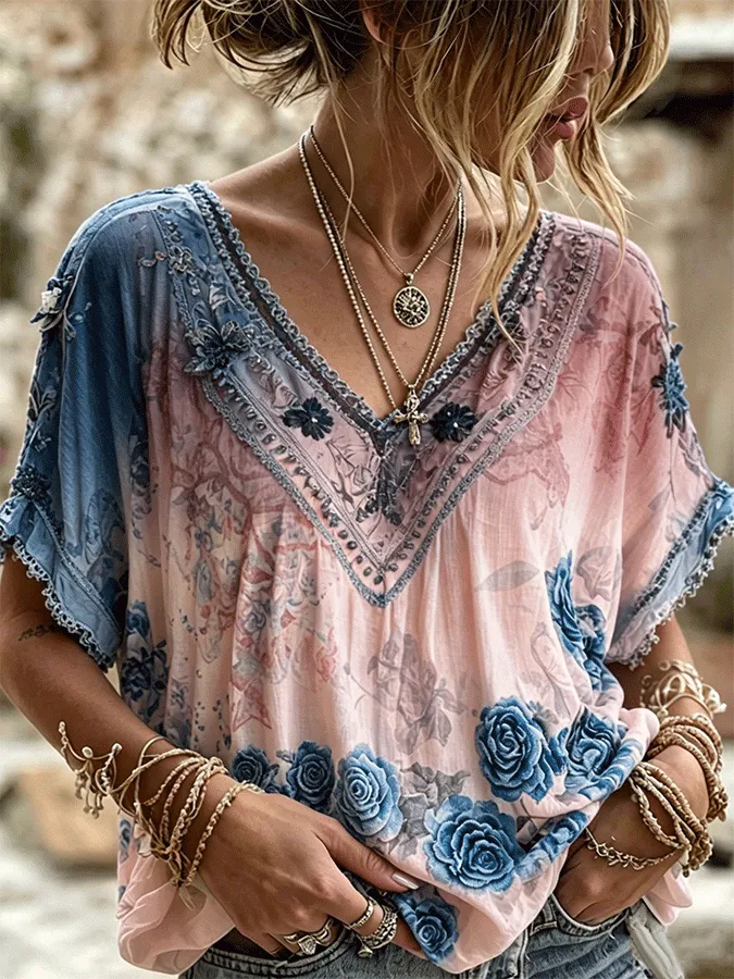 Women's Bohemian Art Floral Print Retro Cotton Linen Top