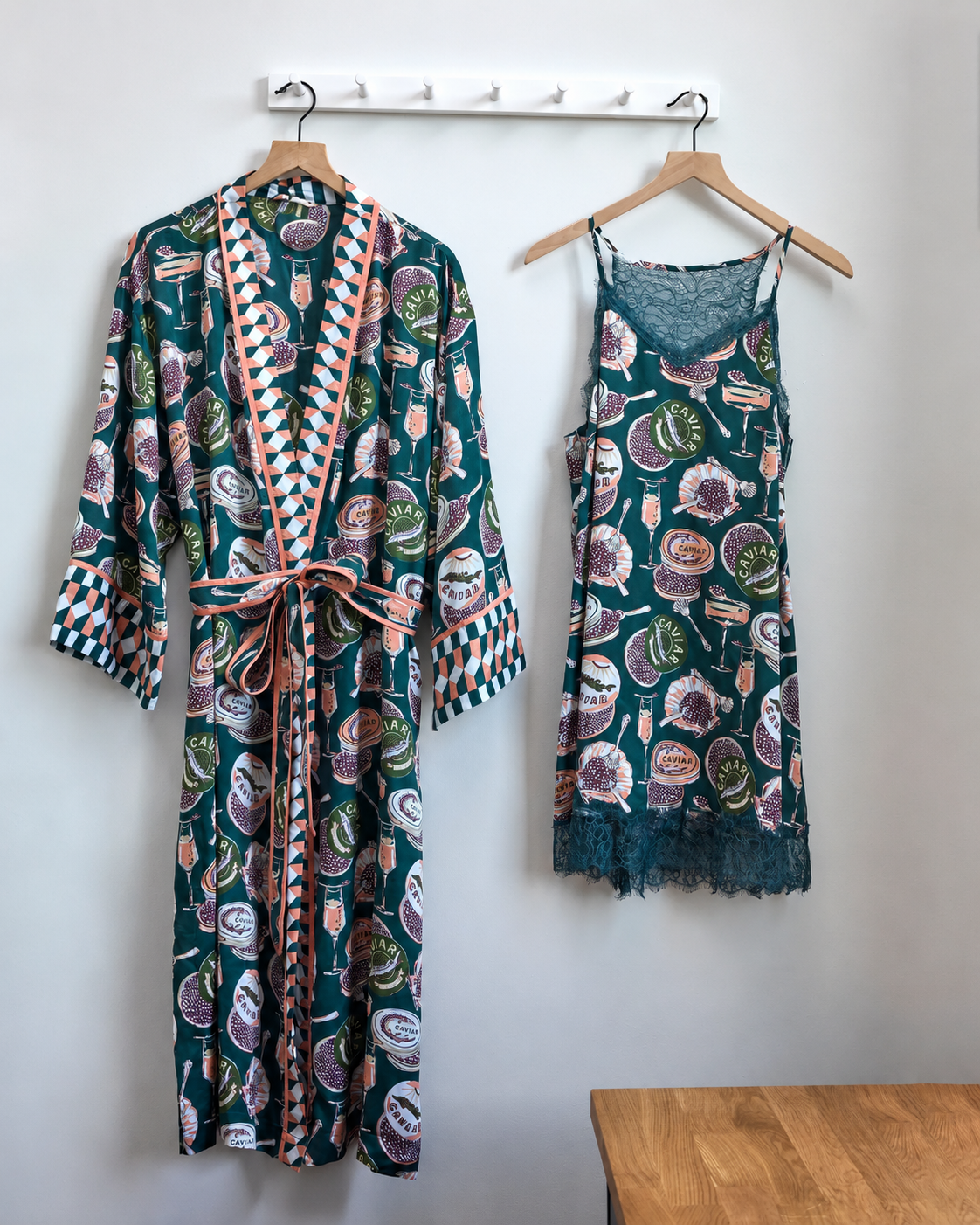 Champagne & Caviar - Eco Satin Robe & Aimee Nightie Bundle - Peacock Feather