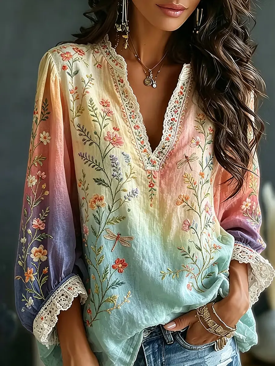 Women's Ombre Floral & Dragonfly Print Blouse